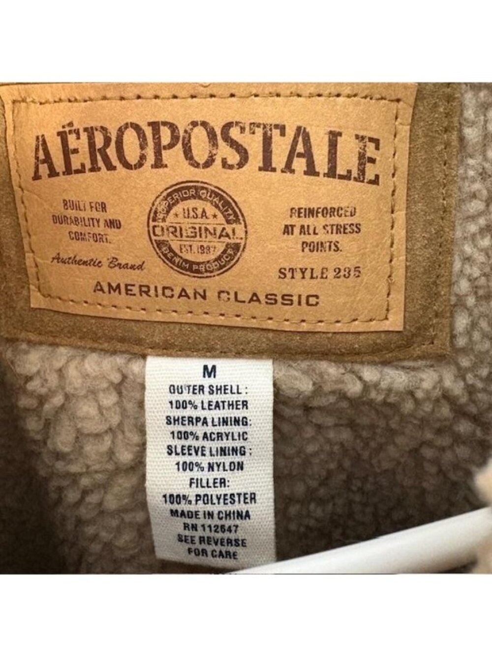 Aeropostale Jacket Mens Medium Brown Leather Sherpa Lined Bomber Snap Style 235 - Picture 3 of 7